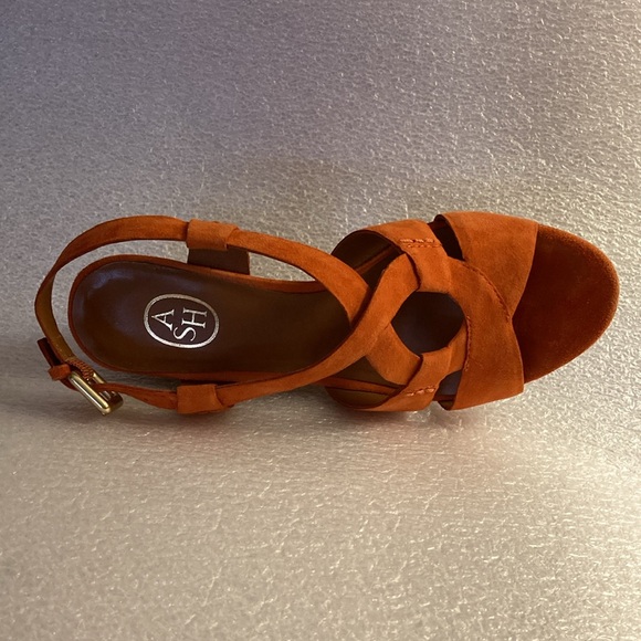 ASH Orange Suede Slingback Lattice Wedge Heel Sandals & Gold Buckle - Sz 37 - Picture 6 of 13